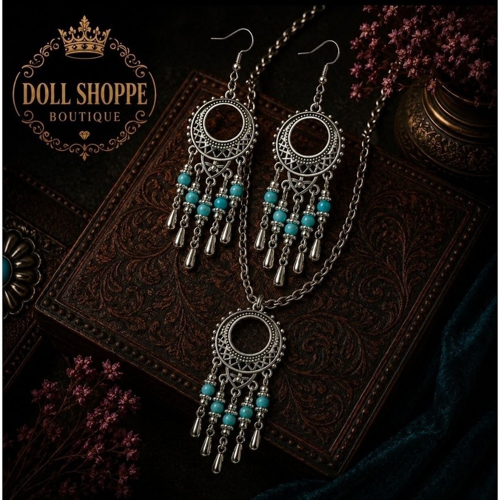 Turquoise Fringe Boho Chandelier Necklace Set